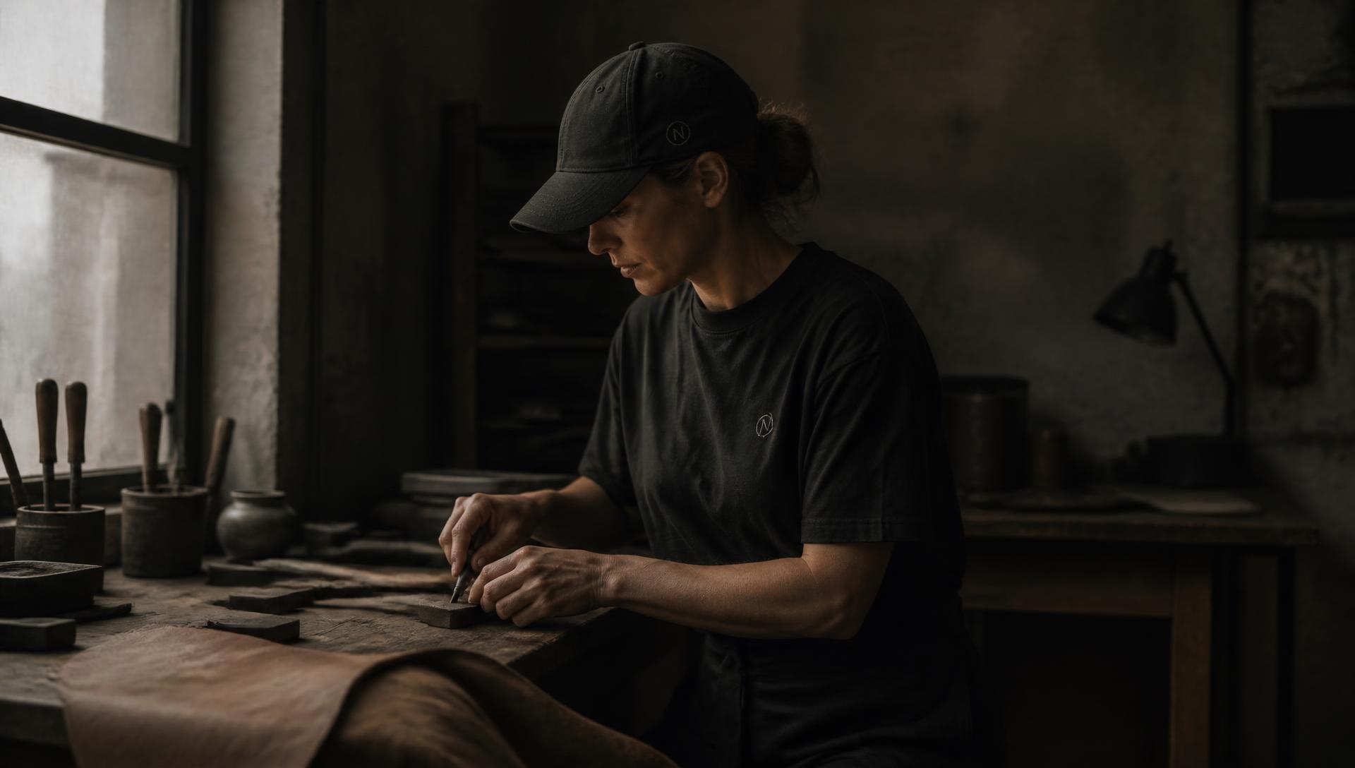 A maker in a charcoal heavyweight tee working at a bench