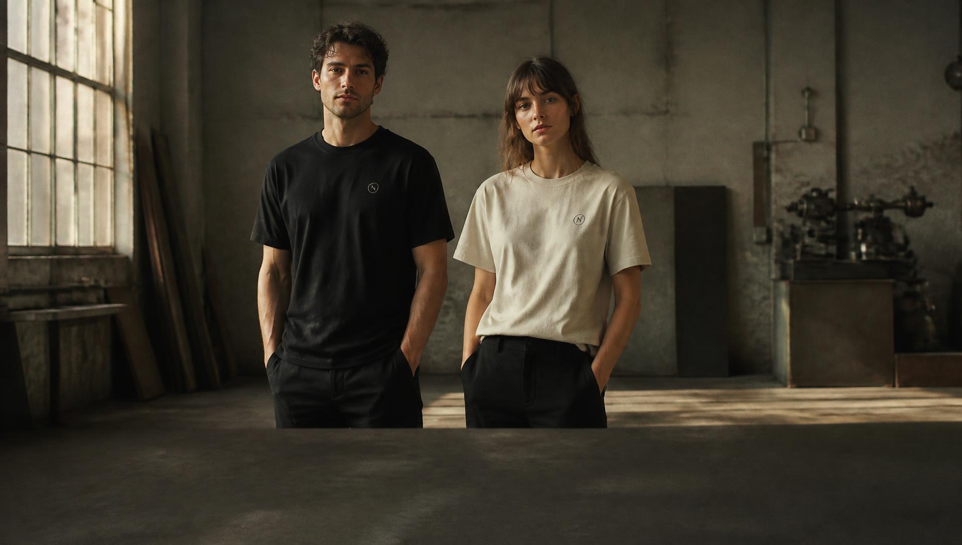 Two people in plain heavyweight cotton tees in a workshop at dawn